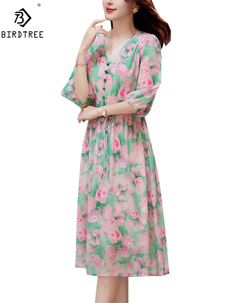 BirdTree, 100%Natural Silk Elegant Dress, Women Half Sleeve VNeck Floral, Fashion Vacation Dresses, 2024 Summer Autumn D46040QM