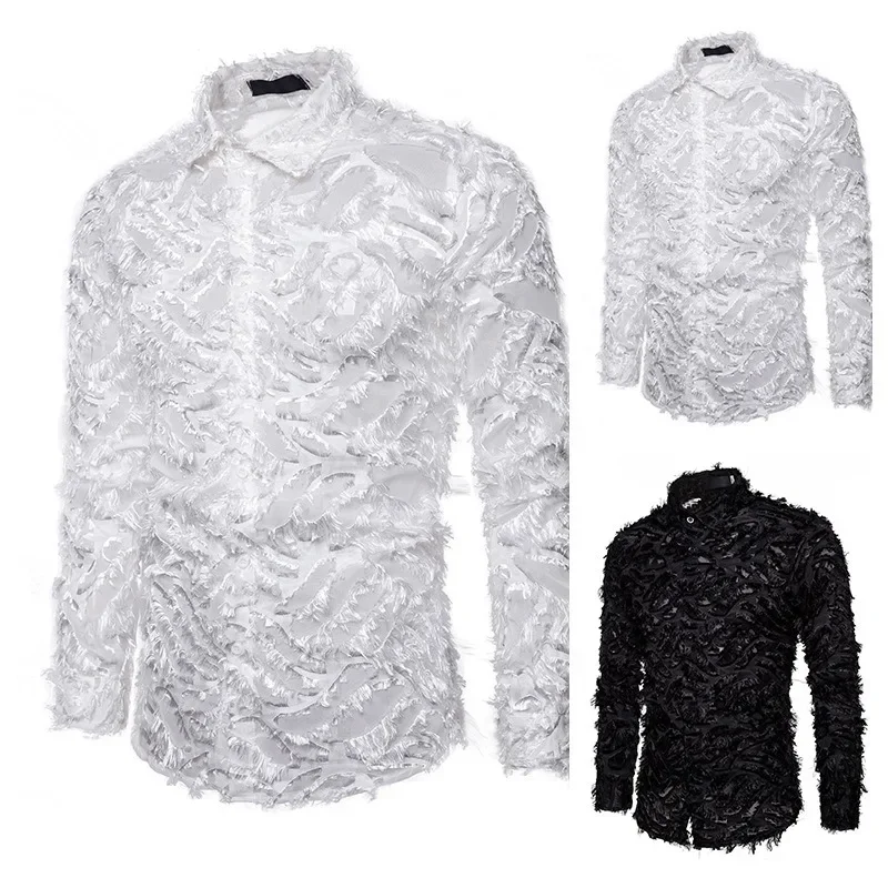 2 Colors!2024 Summer New Men\'s Shirt Handmade Three Dimensional Feather Fabric Featured Collar Long Sleeve Shirts
