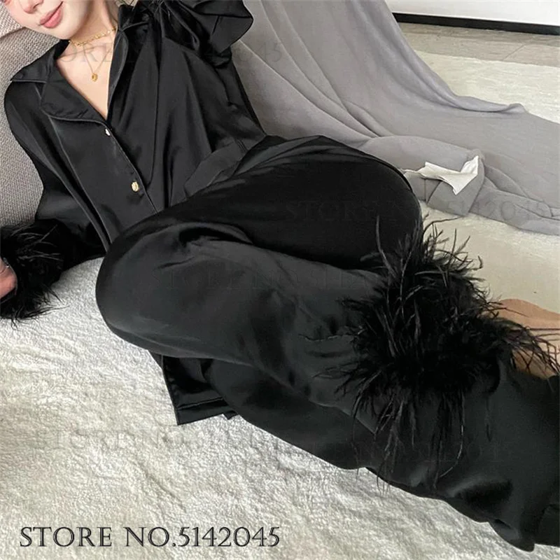 Wiosna Nowy Kobiecy 2PCS Zestaw Piżam Moda Pióra Długi Rękaw Spodnie Piżamy Garnitury Lounge Wear Luźna Jedwabna Satyna Odzież Domowa