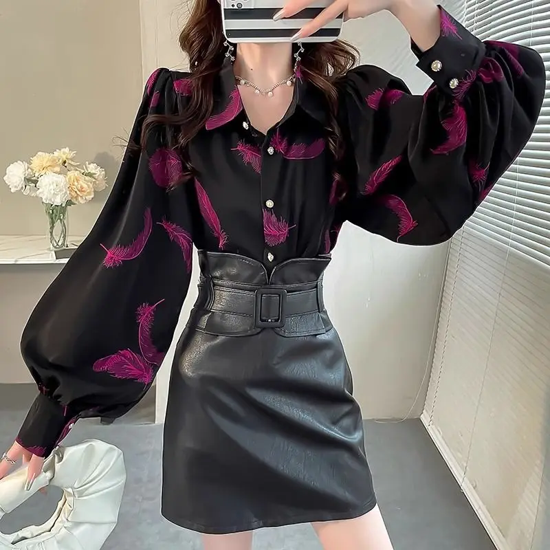 Fashionable Spring Autumn New Blouses Simplicity Commute Polo Collar Feather Printed Button Loose Lantern Sleeve Women\'s Shirts