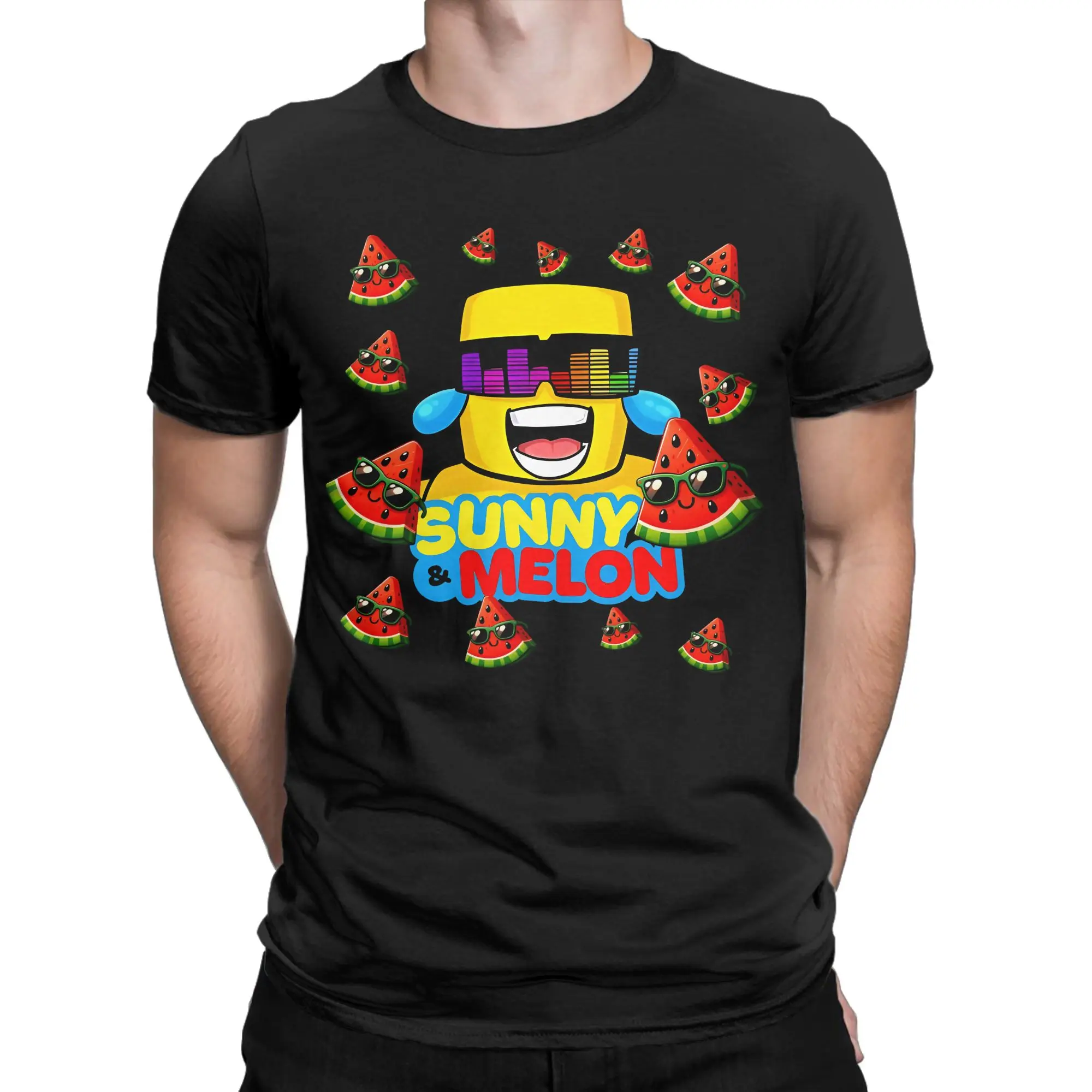 Sunny Surrounded By Watermelon Slices Cotton T-Shirt For Men's Summer T Shirts Crewneck Novelty Tee Shirt Oversize Clothing