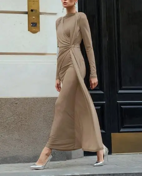 خريف جديد بلون تصميم أنيق ونحيف، تنورة طويلة معانقة الورك للنساء، فستان بأكمام طويلة بتصميم متقاطع مطوي