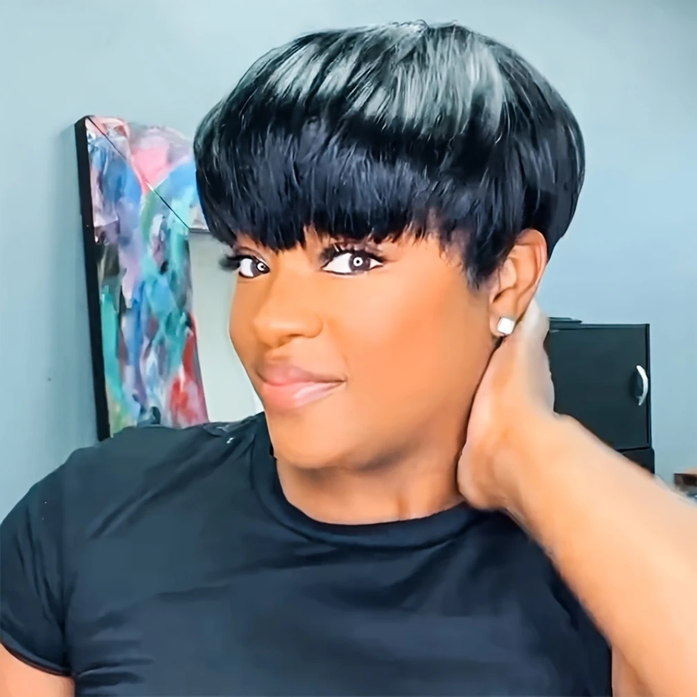 ピクシーカットストレート人毛ウィッグ女性のためのフルマシンメイド人毛ウィッグ 150% 密度 6 インチ