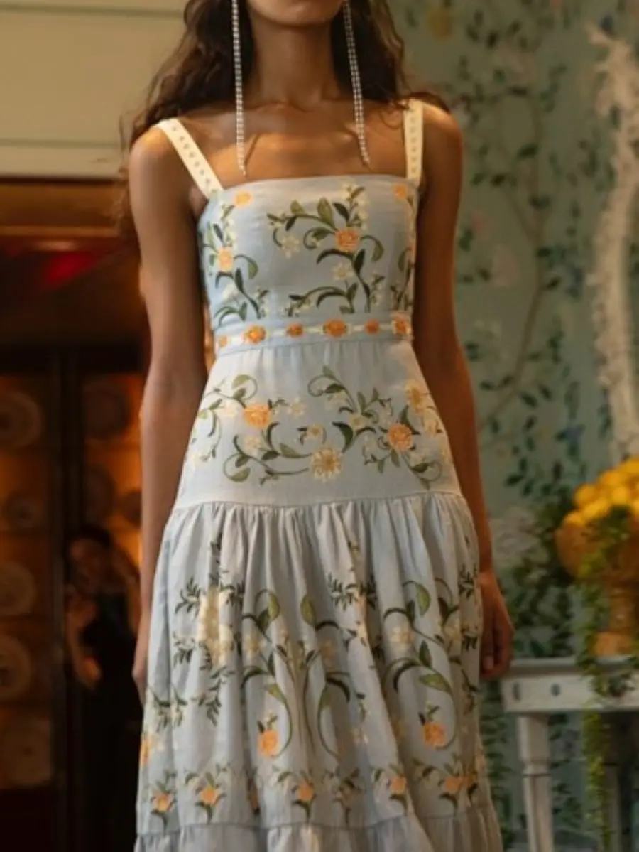 Women Floral Printed Blue Linen Robe Summer 2026 Square Collar High Waist Sleeveless Elegant Ladies Long Dress