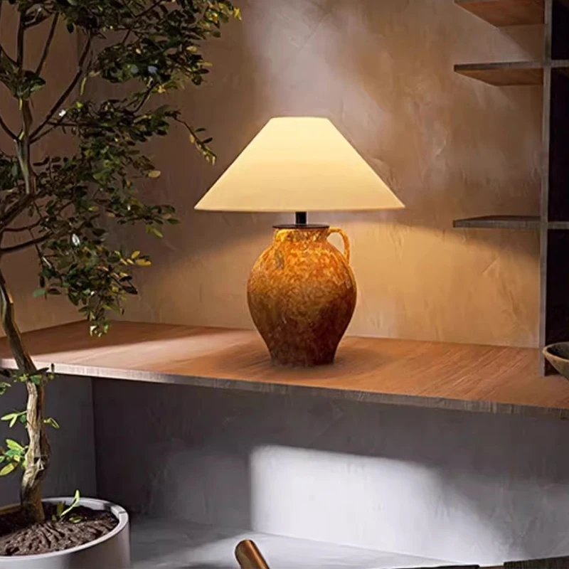 Large Vintage Brown Ceramic Pot Table Lamp Japanese Home Decor for Bedroom Living Room LED E27 Indoor Lighting Fixtures