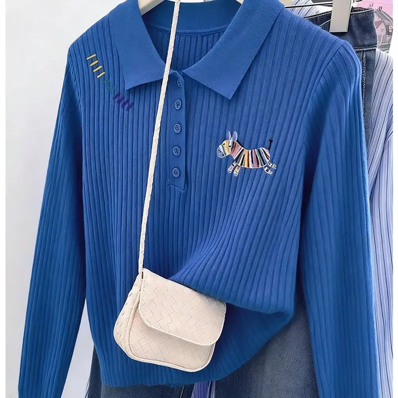 

Синяя вязаная нижняя рубашка с длинными рукавами, осенне-зимний модный универсальный топ с лацканами на пуговицах для женщин