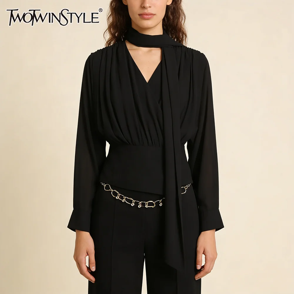 

TWOTWINSTYLE Elegant Luxury Events Black Tie Neck Chiffon Blouse Female Long Sleeve Draped Waist Slim Blouses for Office Commute