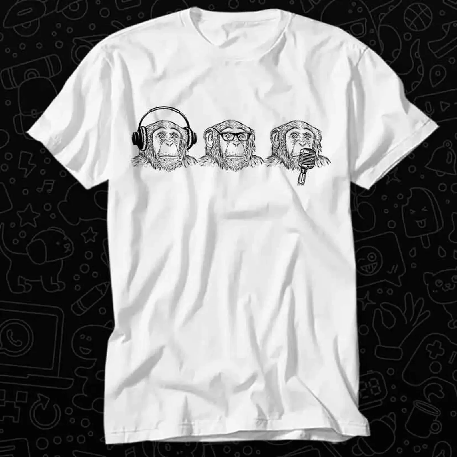 Three Wise Cheeky Monkey Hear See Speak Evil Headphones Sing Glass T-Shirt 588 Vintage Washed Streetwear Unisex