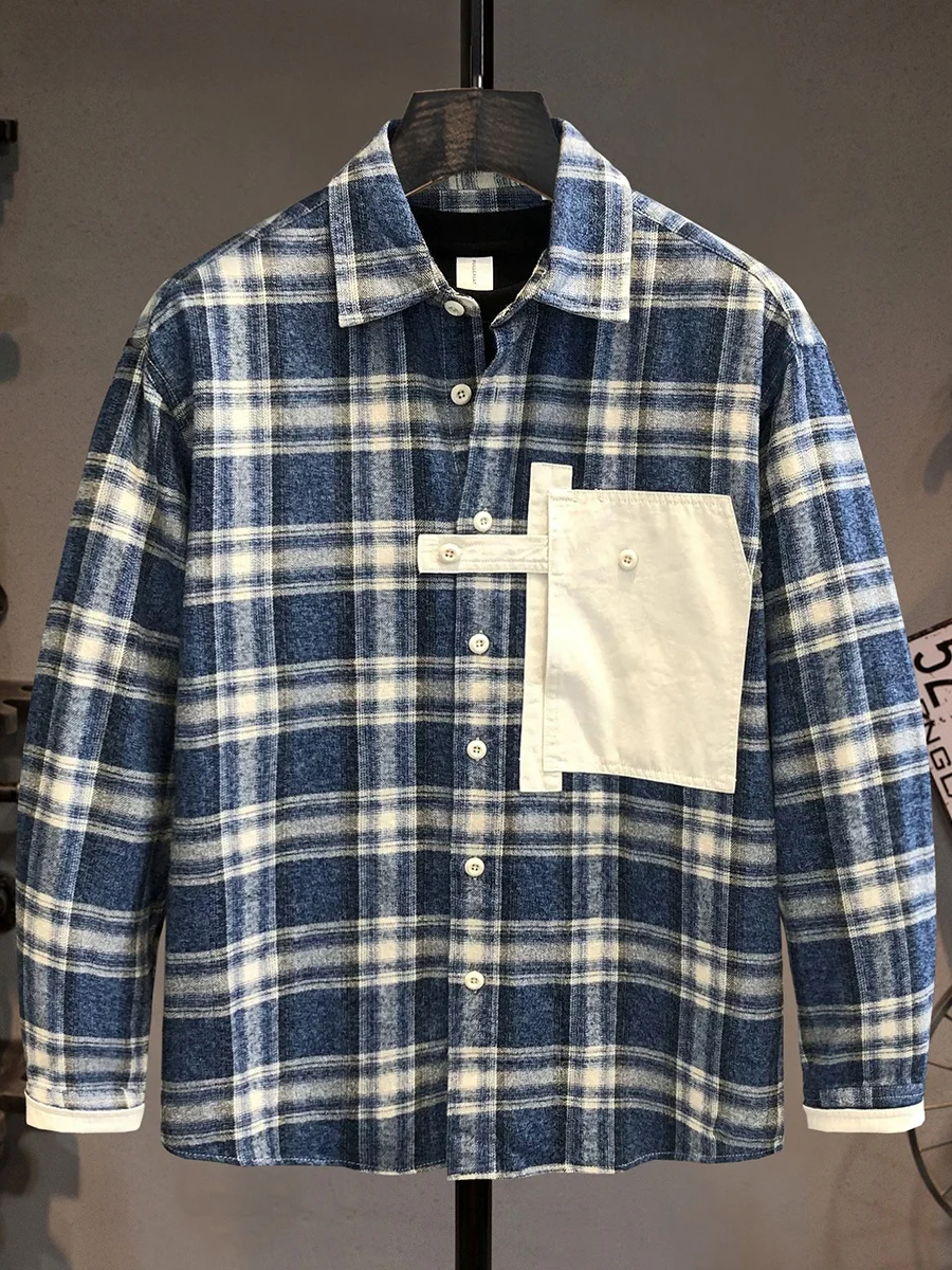 

Японская рубашка в клетку с длинным рукавом для мужчин, свободного кроя, в стиле ретро, из чистого хлопка, с воротником, повседневная рабочая одежда, удобная молодежная модная модель