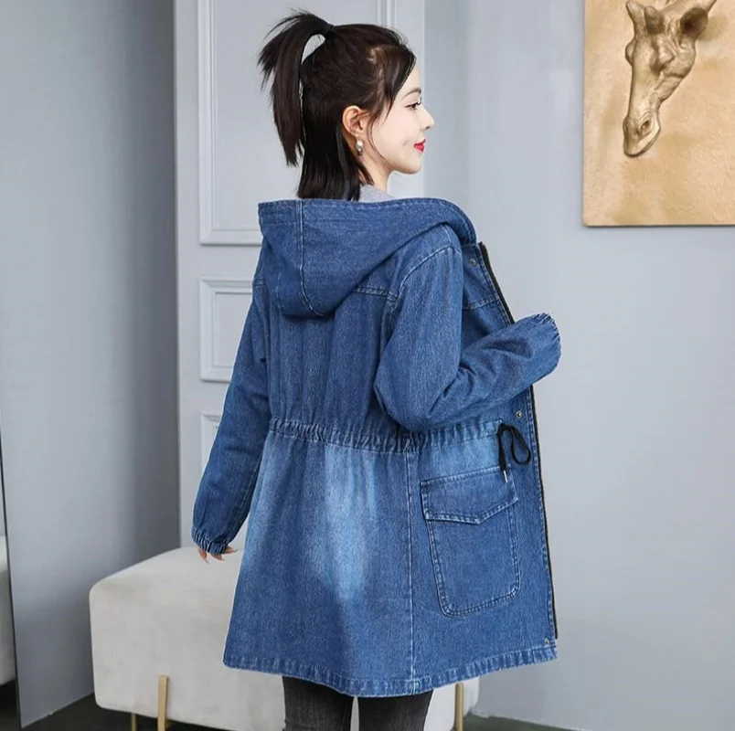 Veste en jean à capuche brodée pour femme, manteau en jean Long décontracté coréen, polyvalent, ample, Cowboy, printemps-automne, 2025