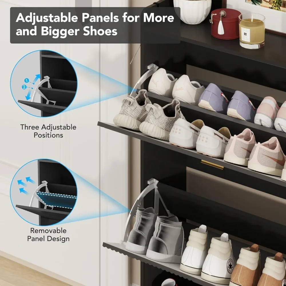 ตู้เก็บรองเท้าสําหรับทางเข้า สีดํา: ตู้เก็บรองเท้า ไม้พร้อมตะขอแขวนเสื้อ, ตู้ชั้นวางรองเท้าที่ซ่อนอยู่พร้อมประตู, Narr