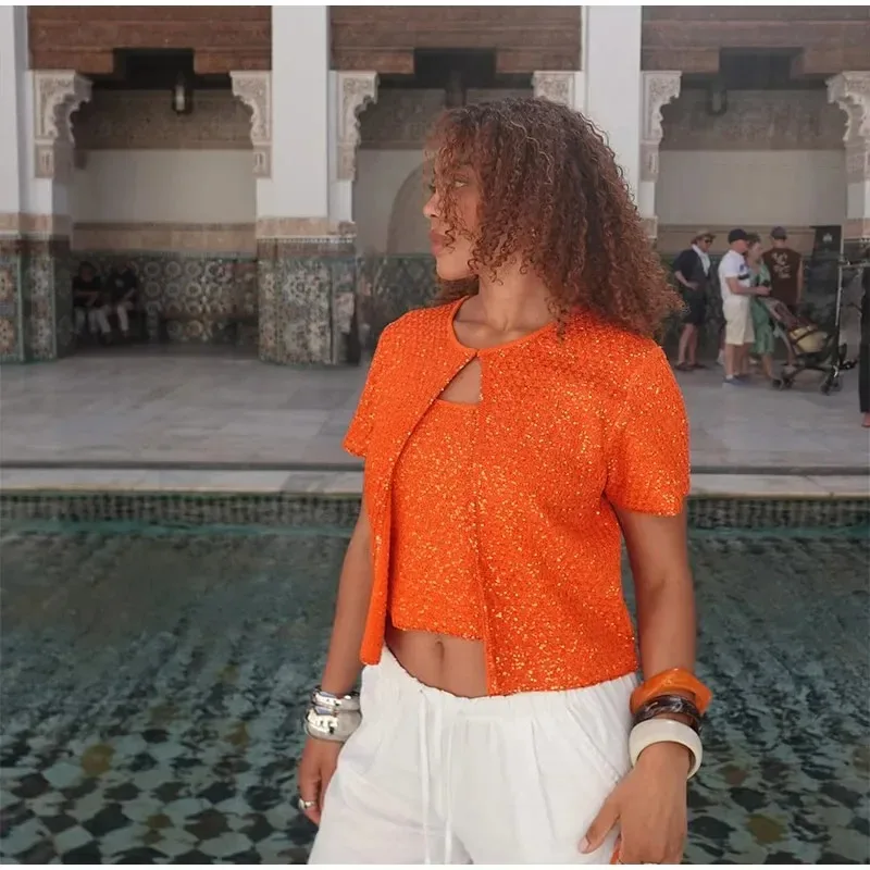 

Summer round neck short sleeved pearl embellished knitted sweater+knitted camisole for women