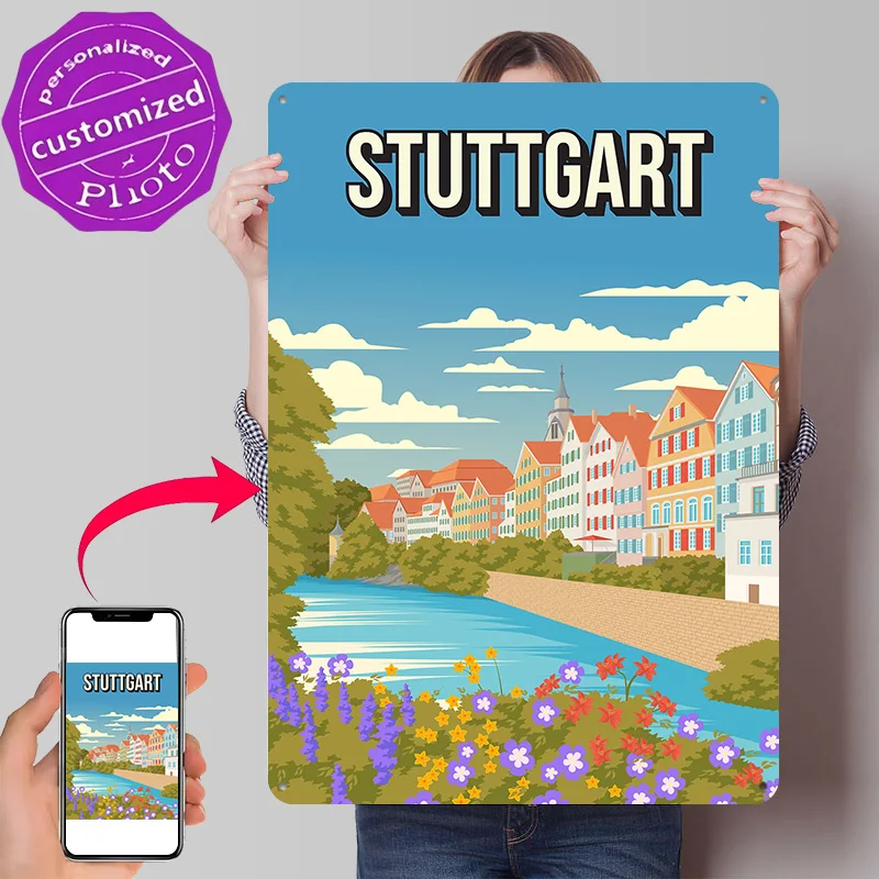 Stuttgart Germany Vintage Travel River Flowers Personalized 3D Textured Metal Poster Wall Art Vintage Tin Signs for Room Decor