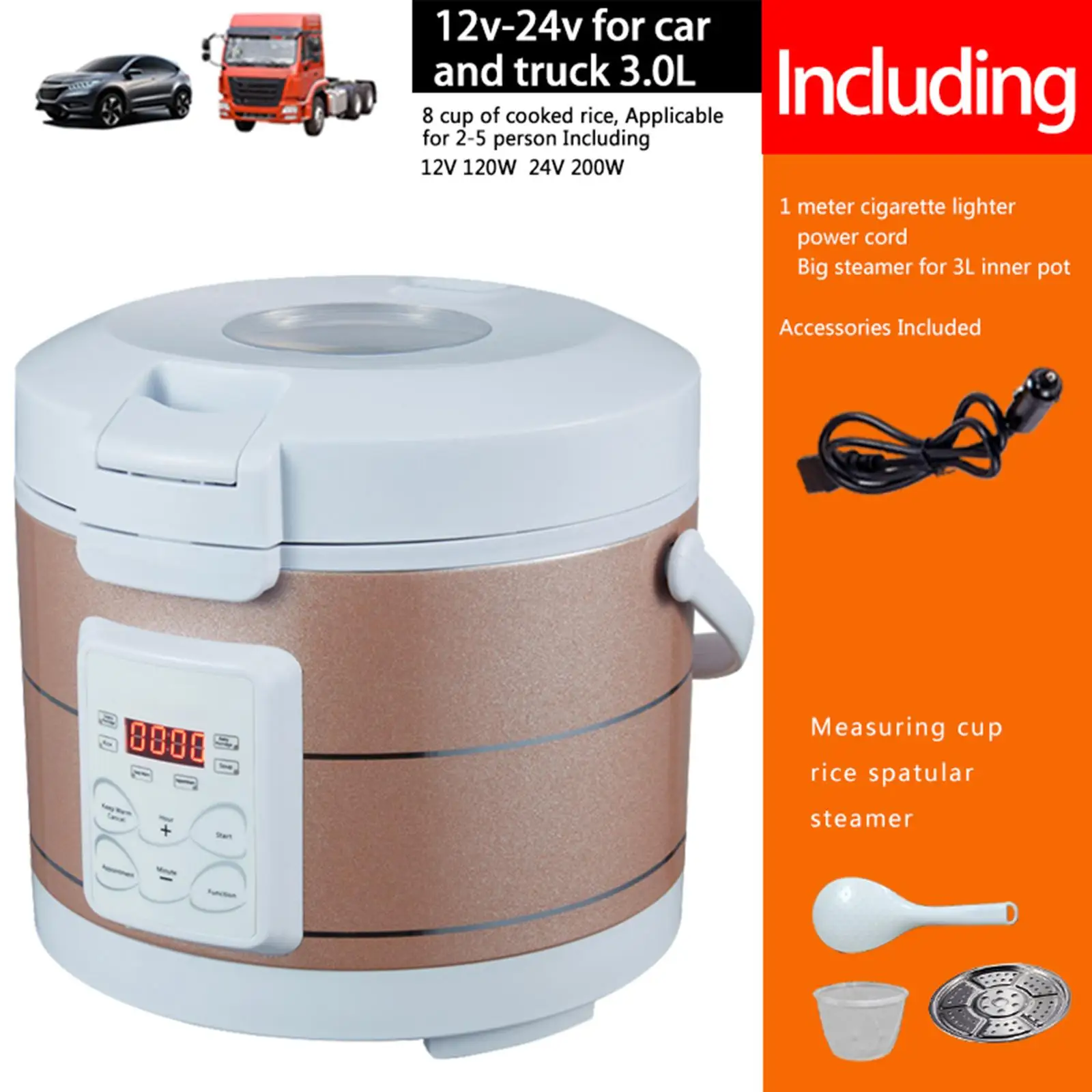 

Vehicle 3L Travel Rice Cooker 12V 24V Multipurpose Lightweight Food Steamer