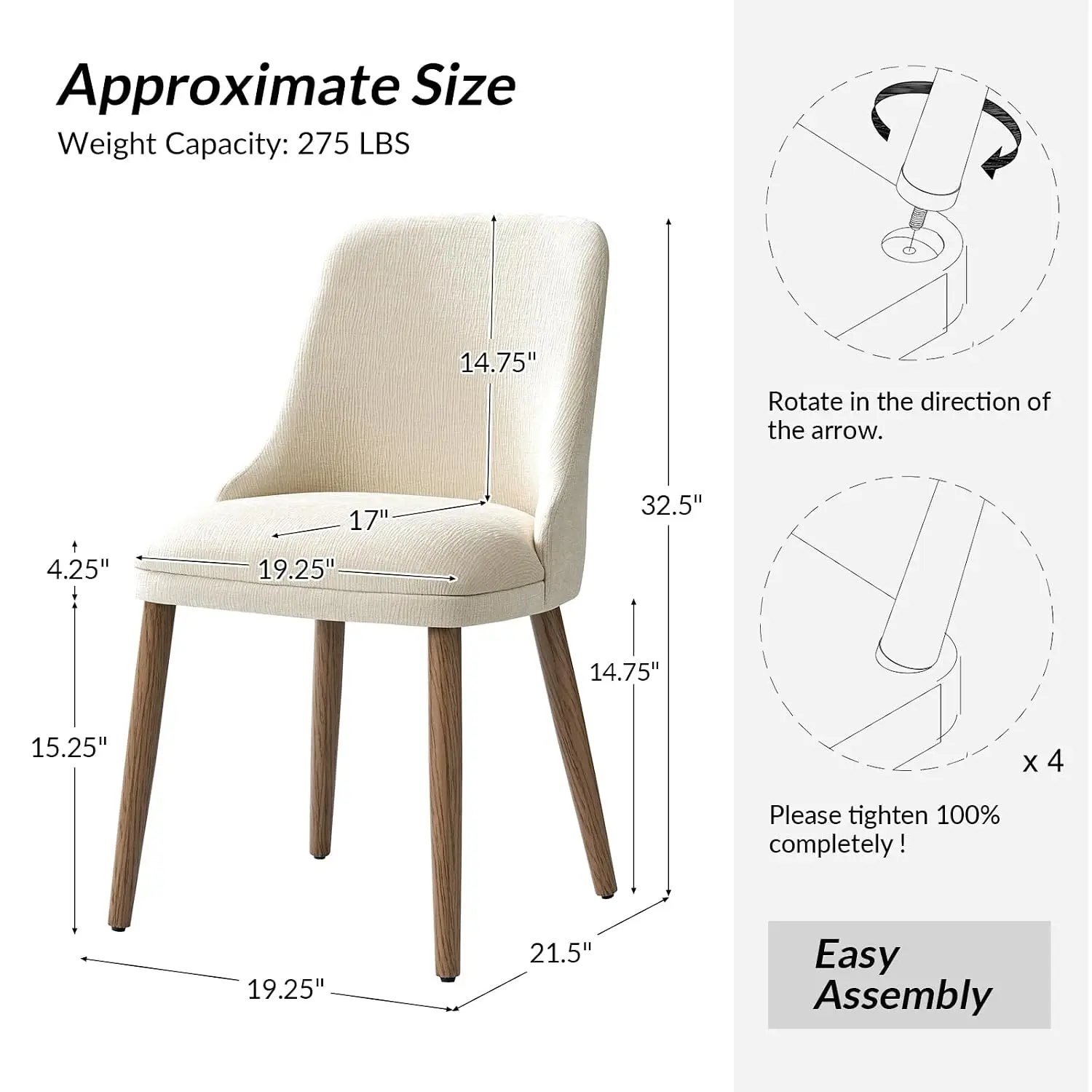 Ivory Fabric Dining Chairs Set of 6 with Wood Legs & Padded Back for Kitchen Living Room Bedroom, Customized