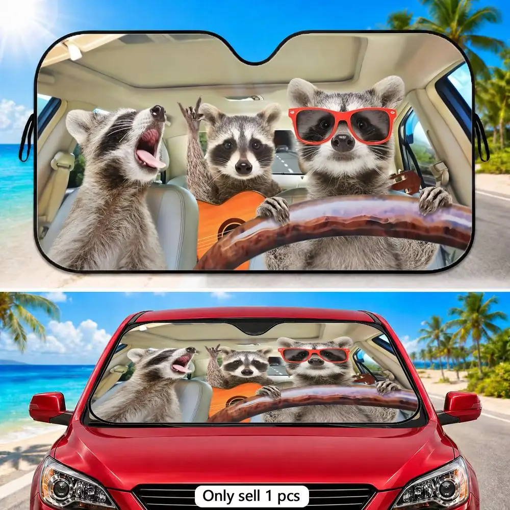 

Funny Raccoons Animals Sun Visor Reusable Foldable Aluminum Foil Sunshade UV Heat Insulation Cover for Car Front Windshield