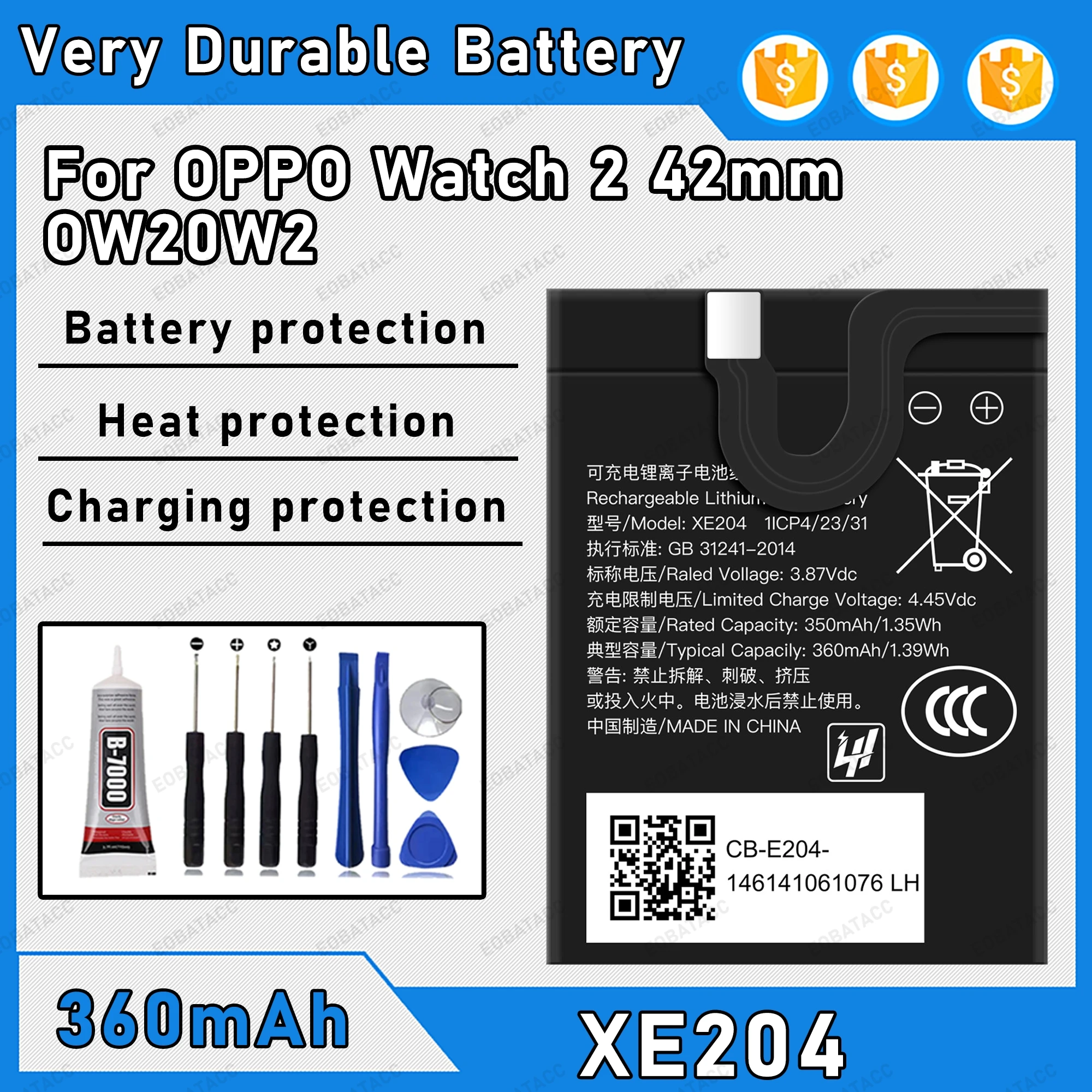 

340mAh 100% New XE204 Battery For OPPO Watch 2 42mm Replacement Bateria+Free Tools