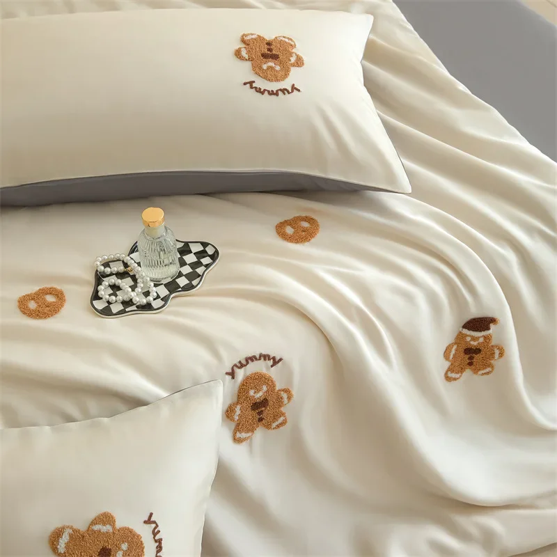 Summer Cool Washed Ice Silky Bedding Teddy Bear Embroidered Jacquard Duvet Cover Ultra Soft Skin Friendly Bedding for Home Dorm