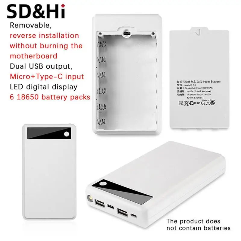 1 Pc (Without Battery) 6×18650 Battery Charger Cover Power Bank Case DIY Box 2 USB Ports DIY Shell Mobile Phone Charge