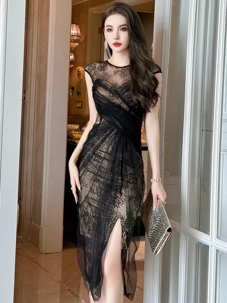 

New Women Fashion French Retro Maxi Dress Woman Sheer Mesh Lace Embroidery Skinny Robe Party Vestidos Prom Banquet Gown Femme