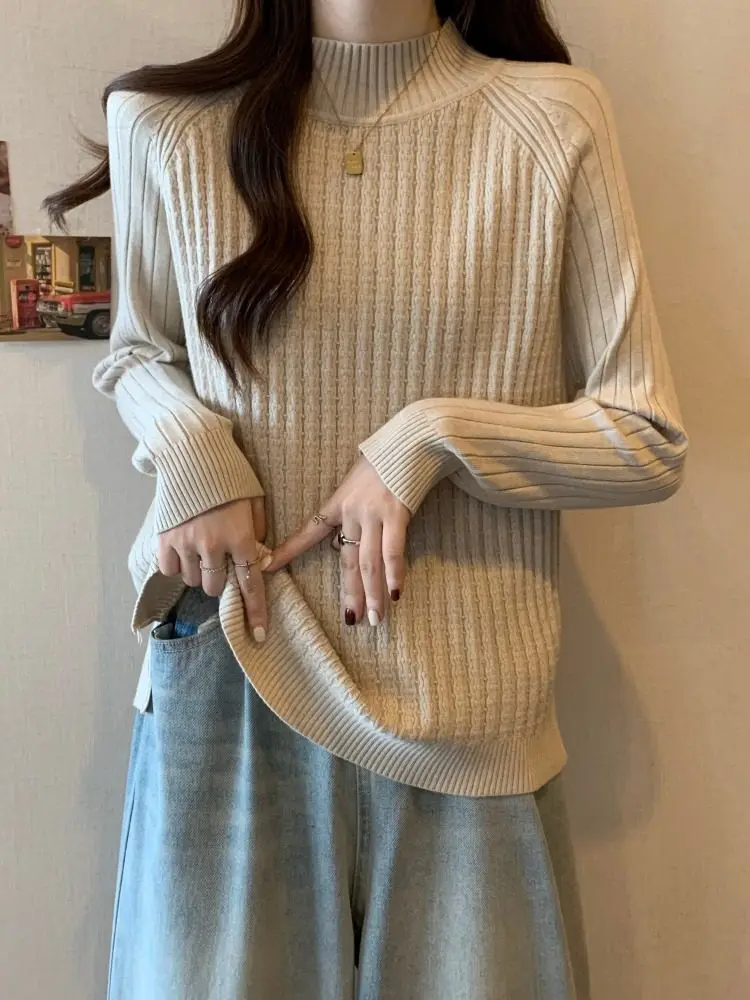 

plus Size Women's Casual Loose Knitted Sweater Thiened f High Collar Spring Thi Warm Base Layer Top for plus Size