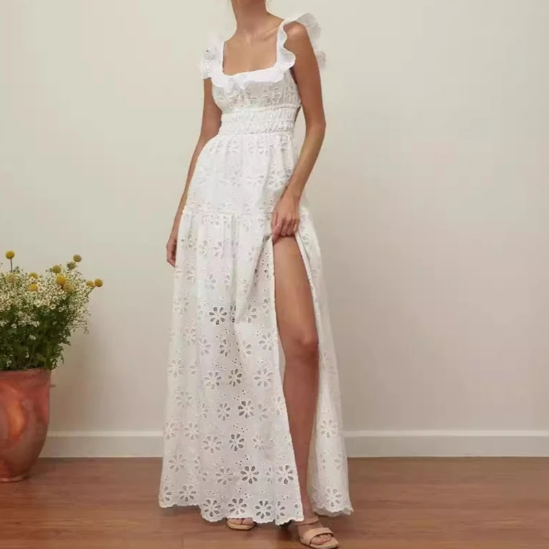 Vestido largo liso con volantes y cuello cuadrado elegante, vestido de fiesta sexi sin mangas con cintura alta y abertura, vestidos largos bordados a la moda para mujer