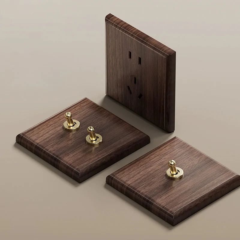 86x86mm Solid Wood Embedded Power Outlet - Childproof EU/RU/FR Socket, Fireproof Vintage Panel for Industrial & Villa Use