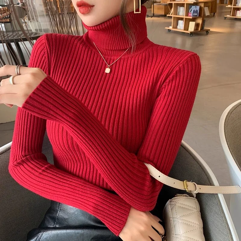 

2025 Casual Slim Knitted Pullover Autumn Winter Thick Turtleneck Sweater Base Sweater Korean Style Simple Base Layer Warm Tops