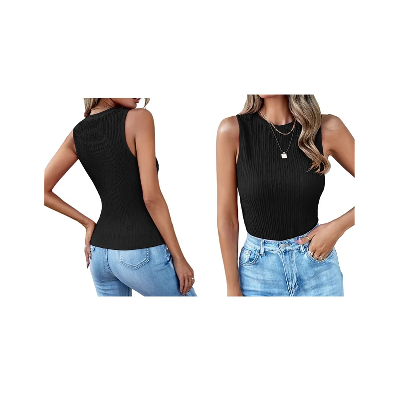 قميص بدون أكمام للسيدات لصيف 2025 قمصان غير رسمية مضلعة ومتماسكة نحيفة ومزخرفة أساسية بدون أكمام