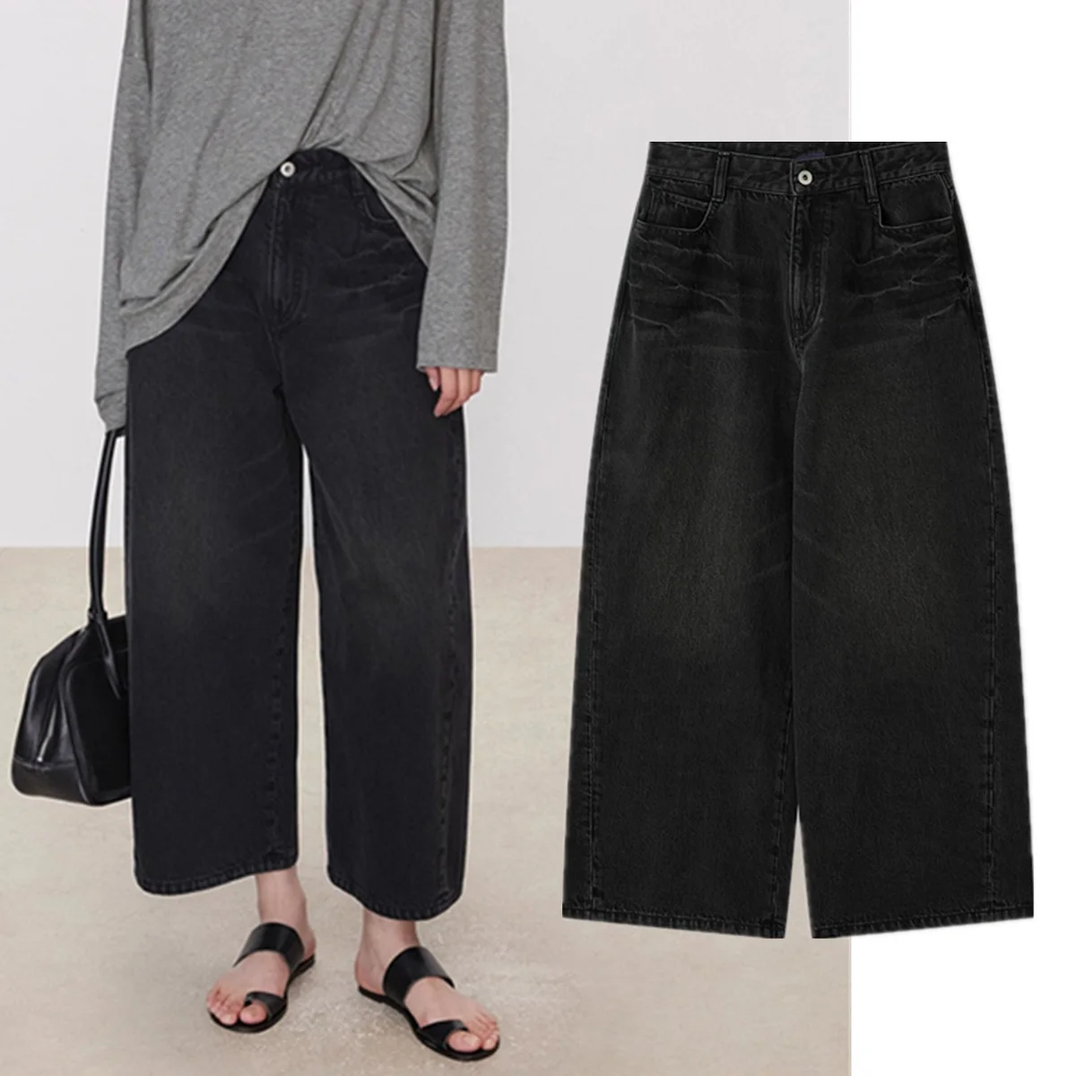 

Jenny&Dave Fashion Lady Elegant Cotton Denim Pants Vintage Pleated Washed American Curved Knife Wide Leg Cropped Jeans For Wom