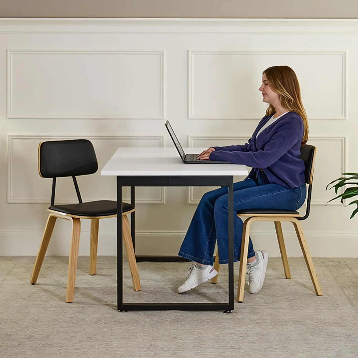 Modern Office Dining Chairs, 2-Piece Set, Vegan Faux Leather Upholstery, Wood and Powder-Coated Metal Frame