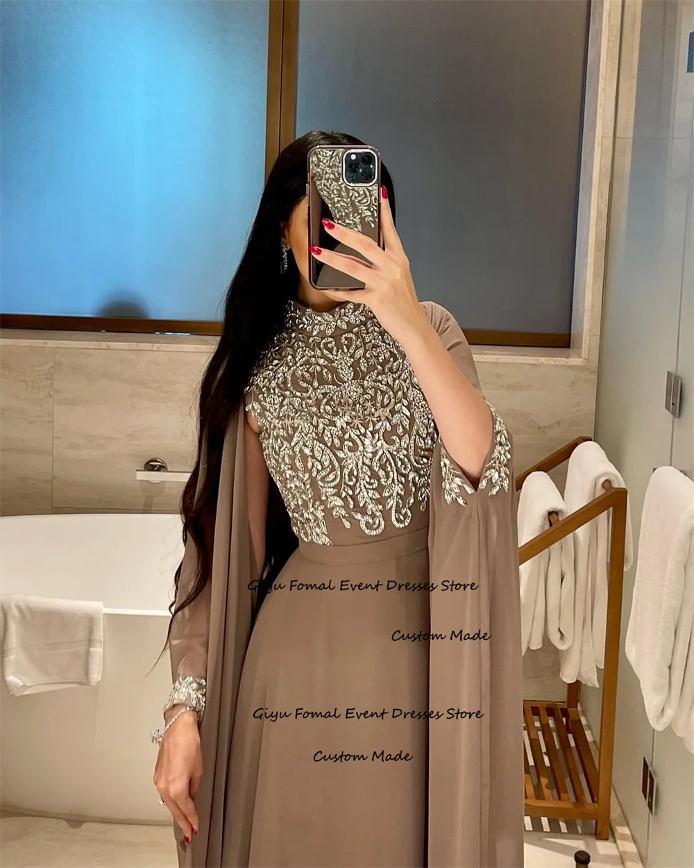 Giyu-elegante vestido de noche con cuentas, conjunto de dos piezas de seguidores de encaje, cuello alto y largo hasta el suelo, gasa, vestido de fiesta de boda