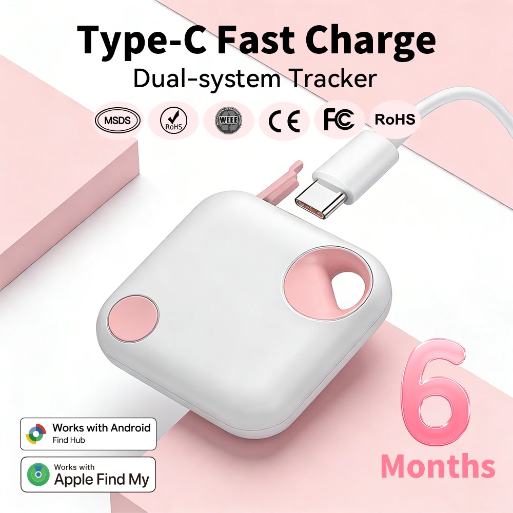 Dual OS for Apple Find My /Google Find Hub Type‑C Rechargeable Portable Anti-lost Global Tracker for Luggage Pets Long Endurance