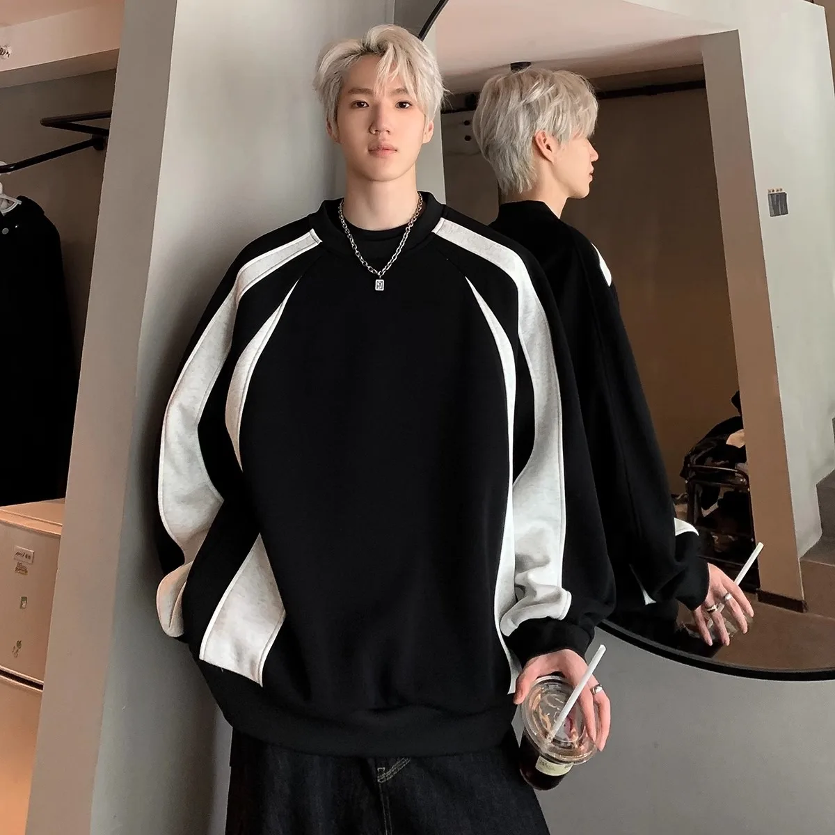 American Stripe Splicing Hoodie Men's Autumn Winter New Heavyweight Casual Loose Outerwear Polyester Fabric Short Sleeve