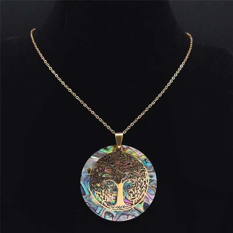 Tree of Life Stainless Steel Abalone Shell Natural Necklace Chain Gold Color Necklaces Mother Pearl Shell Boho Jewelry collar NX