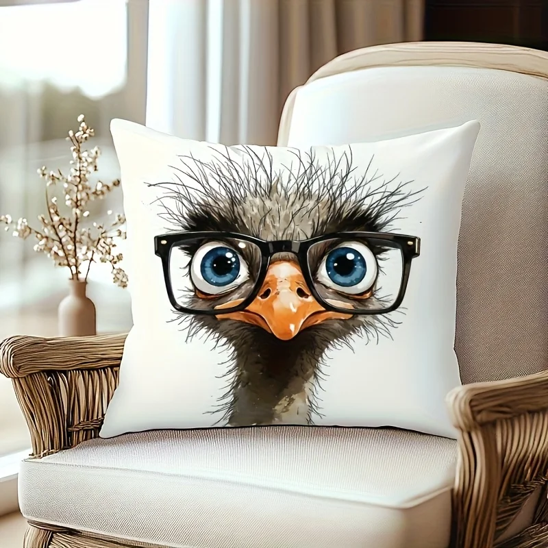 1pc Cute Ostrich Wearing Glasses Printed Throw Pillow Cover,Suitable for Sofa,Bedroom,LivingRoom,a Unique Gift for Animal Lovers