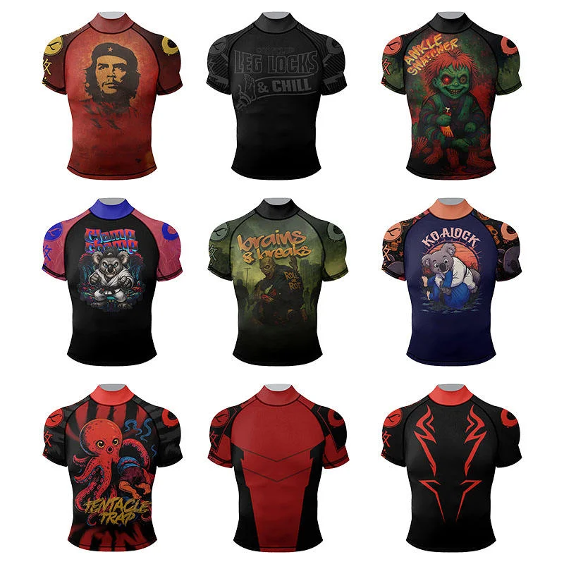 New MMA Rashguard Short Sleeve Boxing T-shirt Men's Fit BJJ Training Compression Jiu Jitsu Rash Guard Anti-Bacterial Sport Tees