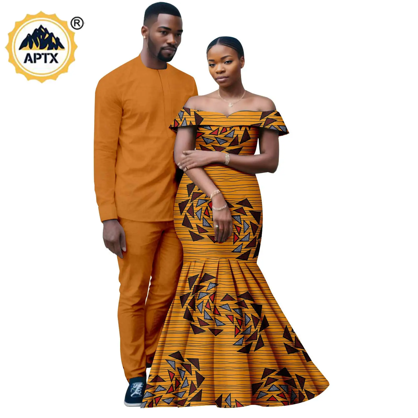 African Couple Matching Outfits Dashiki Women Print Mermaid Dresses Bazin Riche Men Long Sleeve Top Shirt and Pant Sets Y23C091