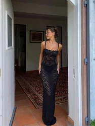 Solid Color Lace Hollow Out See Through Dresses Sexy Off-the-shoulder Slim Fit Spaghetti Strap Rodes Women Party Club Vestidos