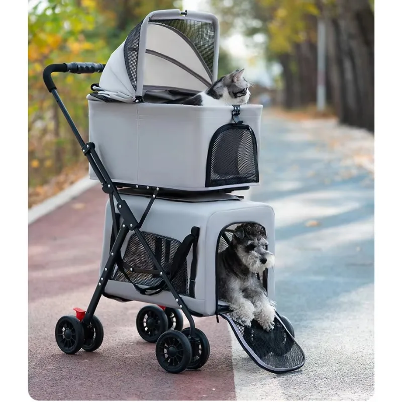 Luxury 4-Wheel Portable Pet Transport Stroller Foldable Dog Carrier Double Layers Detachable Metal Large Capacity Compatible
