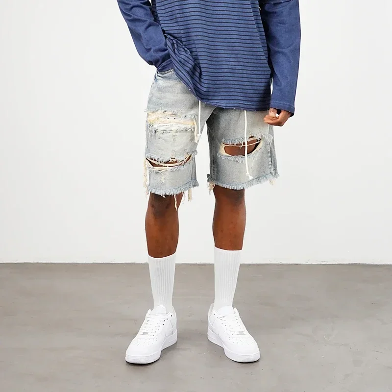 Slatt American Fashion Damaged Burr Edge Hanging Beard Washed High Street Big Hole Versatile Loose Denim Shorts