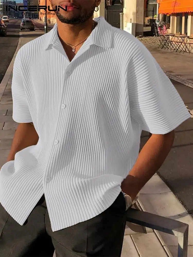 

American Style Casual Simple New Men's Solid Blouse Streetwear Male Loose Comfortable Pleated Short Sleeve Shirts S-5XL INCERUN