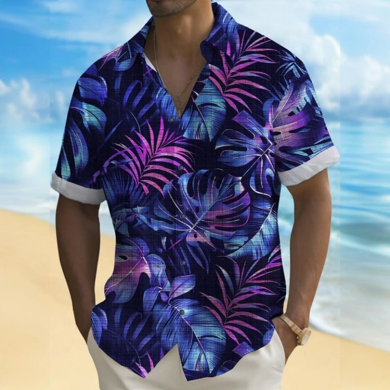 Camisa havaiana com estampa 3D de flores de praia masculina, camisas masculinas de manga curta, roupas largas, diárias, casual, 2024