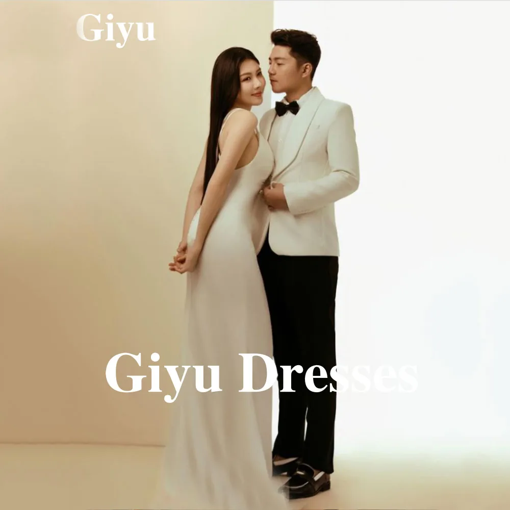 

Giyu White Long Wedding Dresses Korean Women Photography Shoot Spaghetti Strap Back Lace Sweep Train Bridal Gowns Customized