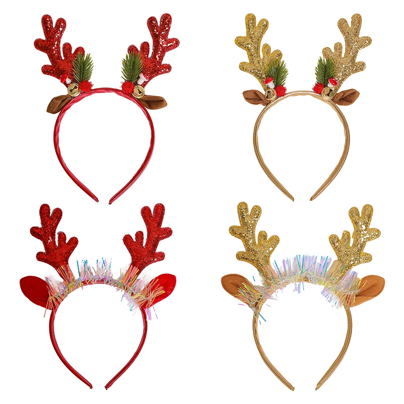 

Christmas Hair Band Gold Red Elk Bell Headband Deer Antlers Hair Dress Xmas Pine Needles Headwear Gifts For Kids Photo Prop