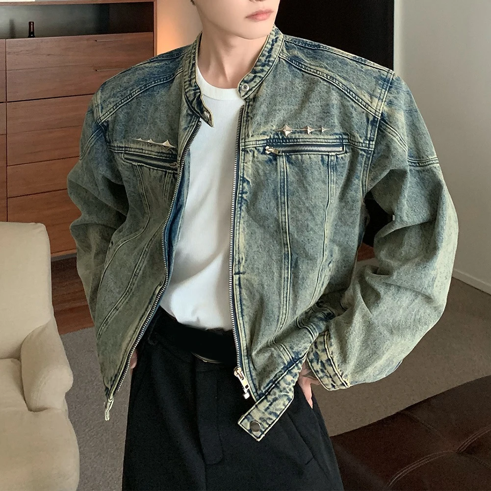 

Collarless Casual Jacket Cargo Jackets Men's Outerwear Distressed Cargo Jacket Long Sleeve Style Polyester Fabric