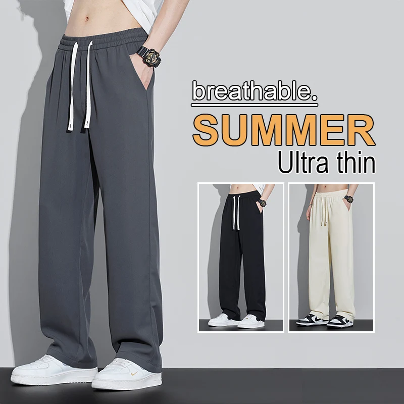 

Men's Polyester Loose Straight Trousers 2025 Summer Autumn Drawstring Design Comfortable Versatile Casual Pants Plus Size 5XL