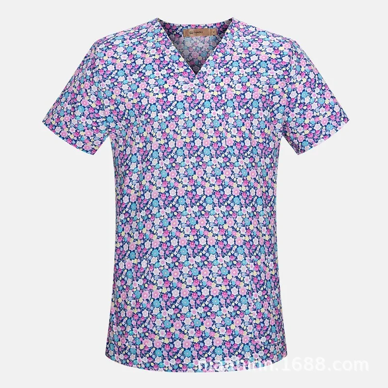 Cartoon bedrucktes Krankenschwester-Damen-T-Shirt mit V-Ausschnitt und kurzen Ärmeln, Top, chirurgische Uniform für Herren