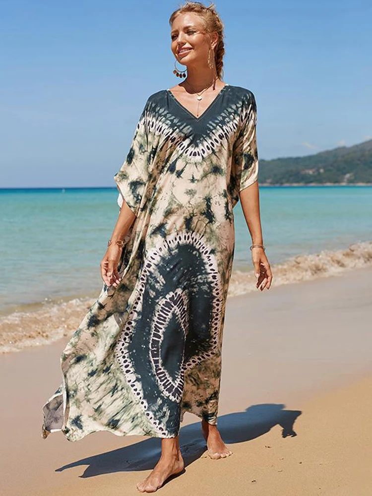 Vestido de cobertura grande com estampa colorida para mulheres 2025 estilo tie dye decote em v solto proteção solar festa de férias boho coverups dres