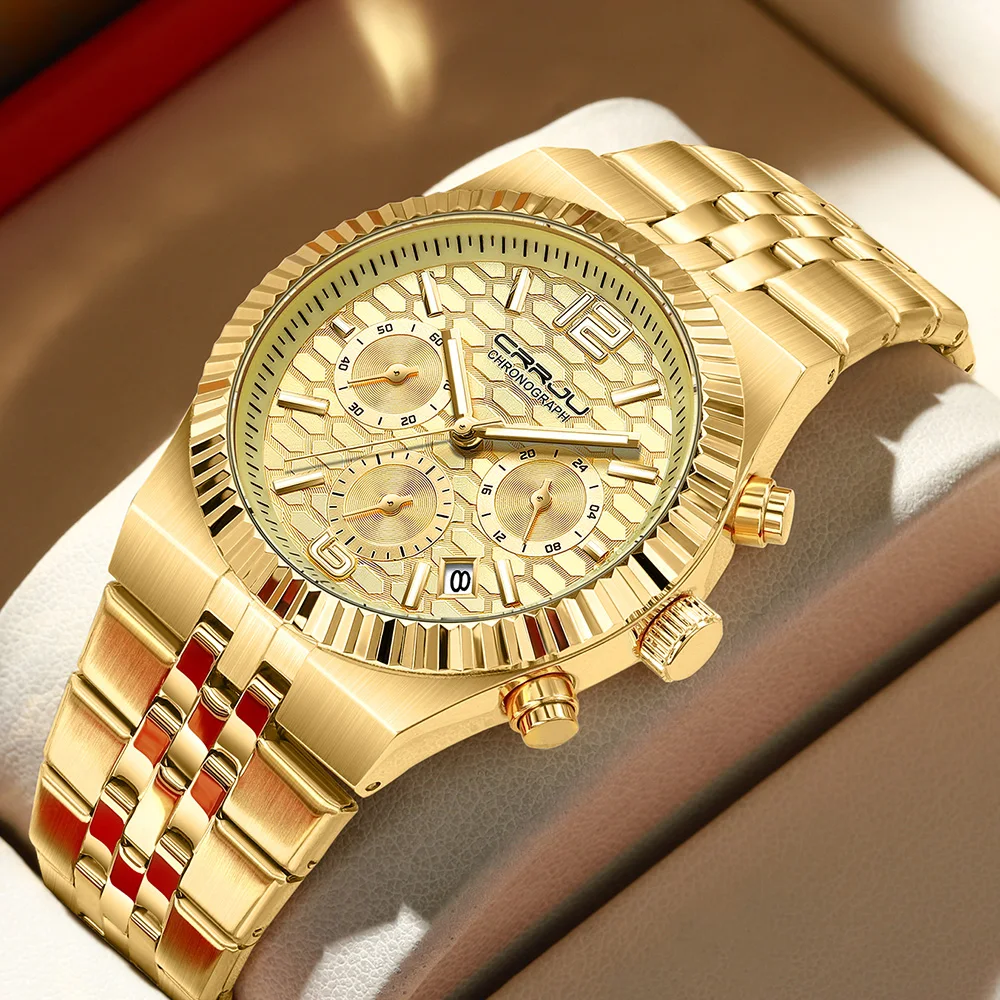 

Мужские деловые роскошные кварцевые часы CRRJU с календарем, стильный и элегантный хронограф, активно светящиеся в темноте часы